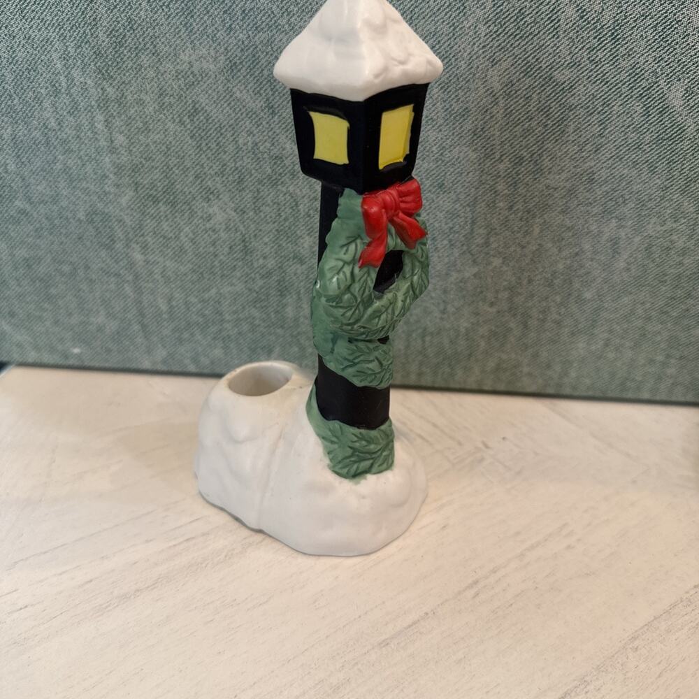 Vintage Christmas Village Ceramic Street Lamp Taper Candle Holder EUC 6" Tall